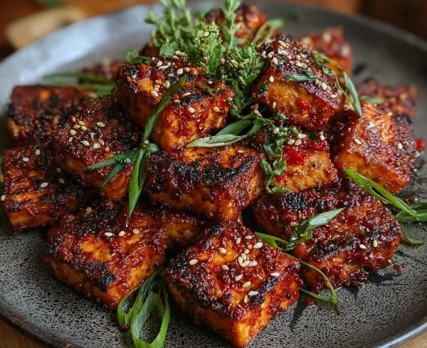 Plate of Crispy Korean Gochujang Tofu garnished with green onions and sesame seeds