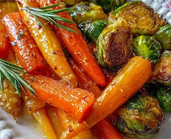 Crispy maple-glazed carrots and Brussels sprouts served in a bowl