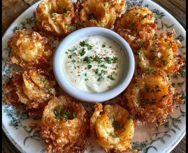 Crispy mini bloomin' onions with a side of creamy ranch dip