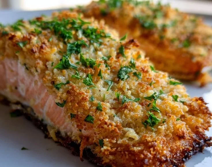 Crispy Parmesan Crusted Baked Salmon dish served with vegetables.