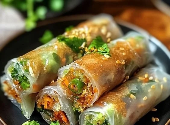 Homemade crispy rice paper spring rolls ready to serve with dipping sauce