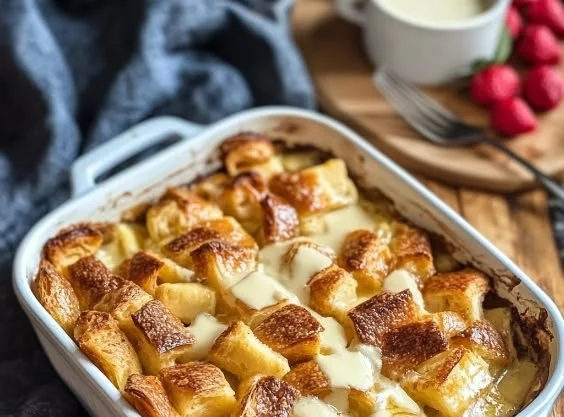 Delicious croissant bread pudding topped with a creamy custard sauce