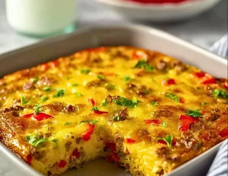 Crustless sausage and pepper quiche fresh out of the oven