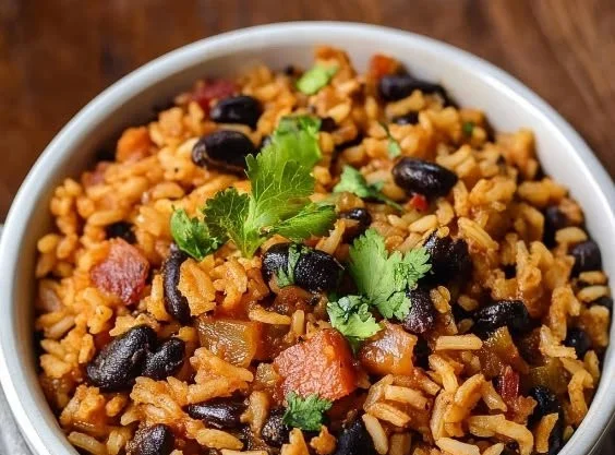 Cuban Black Beans and Rice dish garnished with herbs and served in a bowl.
