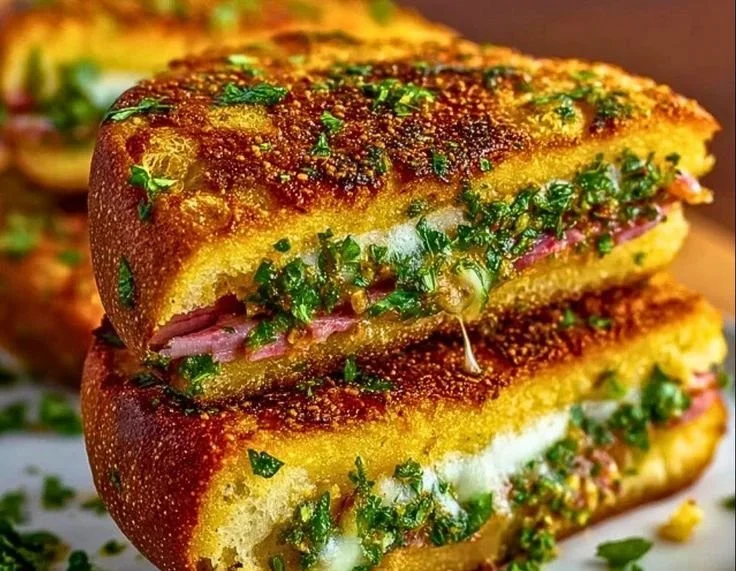 Cuban garlic bread sandwiches filled with savory ingredients and herbs.
