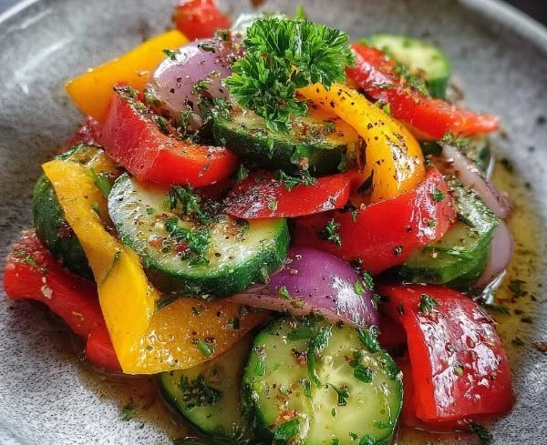 Cucumber and sweet pepper salad recipe with vibrant colors and fresh ingredients.