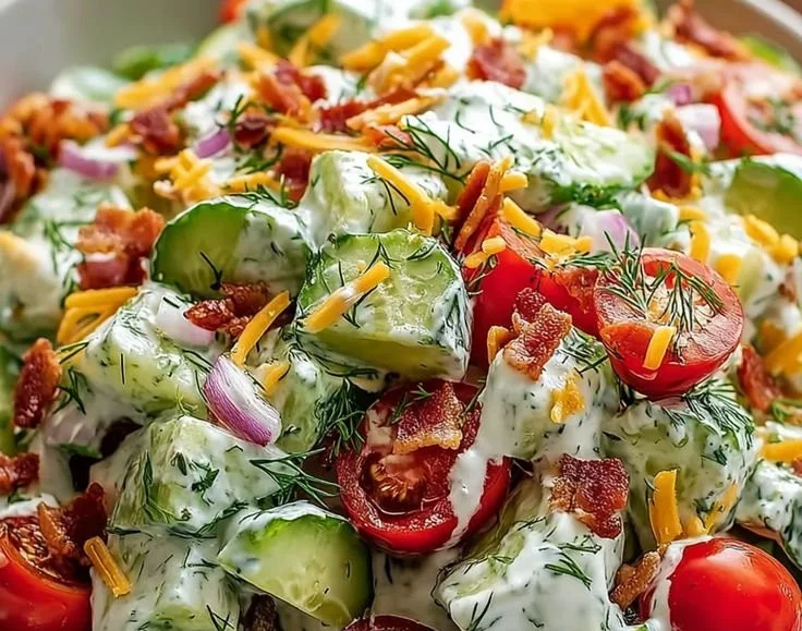 Delicious Cucumber Ranch Crack Salad topped with fresh cucumbers and ranch dressing.