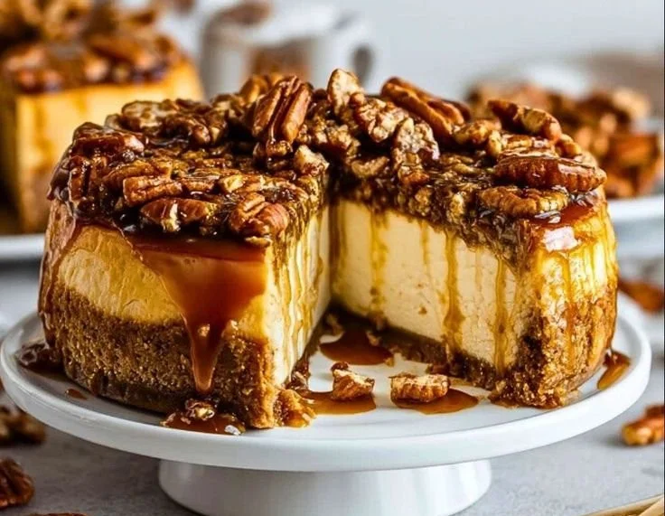 Decadent pecan pie cheesecake with caramel drizzle and pecan topping