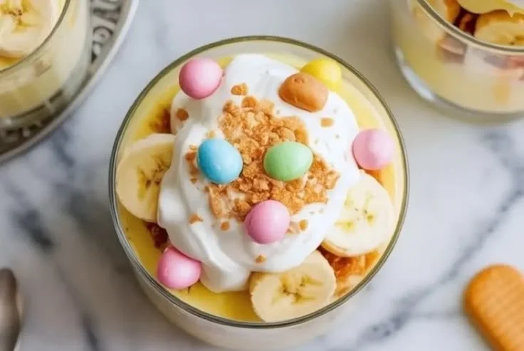 Easter Banana Pudding Cups with whipped cream and banana slices.