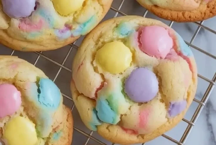 Easter Funfetti Cookies decorated with colorful sprinkles on a festive plate