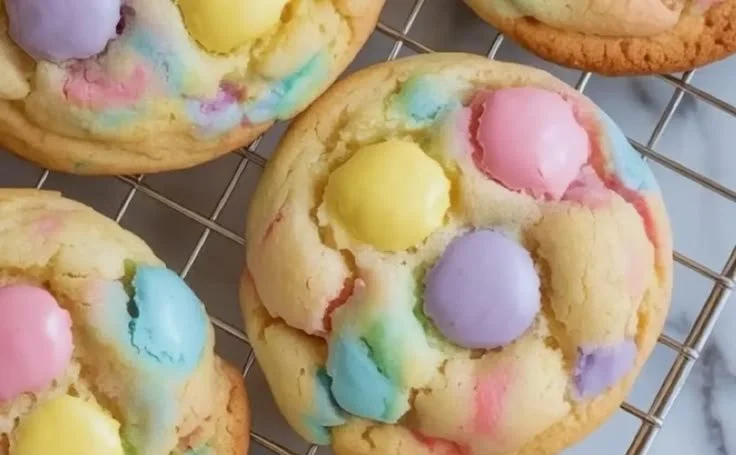 Easter Funfetti Cookies decorated with colorful sprinkles on a white plate