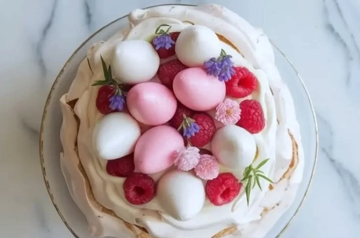 A beautifully decorated Easter Pavlova topped with fresh fruits and cream.