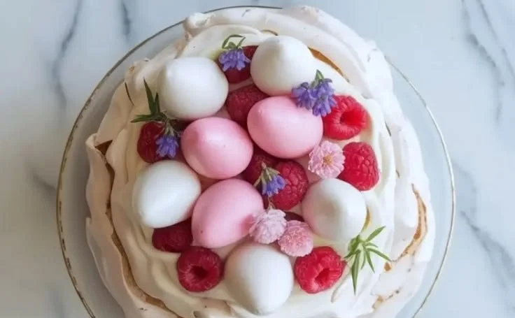 Easter Pavlova dessert topped with fresh fruits and whipped cream.