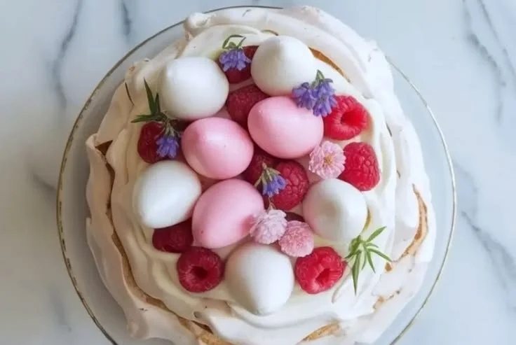 Easter Pavlova dessert topped with fresh fruits and whipped cream.