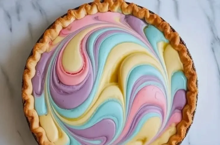 Easter Swirl Pie with colorful swirls and festive toppings for Easter celebration.