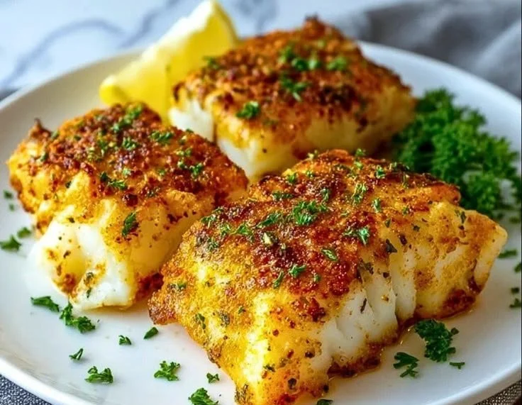 Delicious air fryer cod fillets served with lemon and herbs