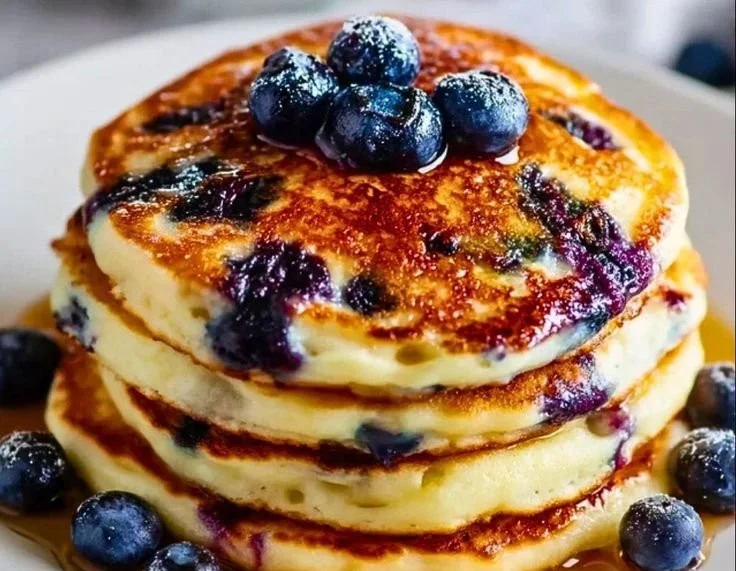 Fluffy blueberry pancakes stacked on a plate with fresh blueberries and syrup