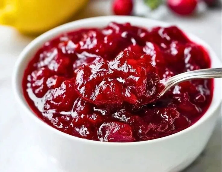 Homemade easy classic cranberry sauce in a bowl with fresh cranberries