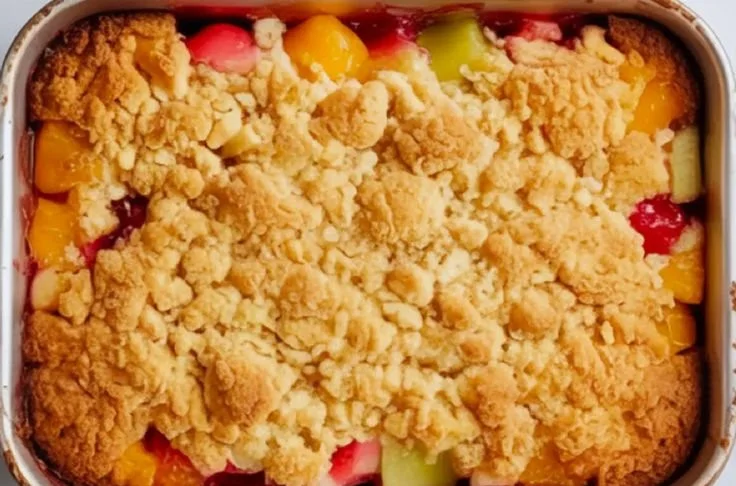 Delicious easy fruit cocktail dump cake with colorful fruits and cake mix.