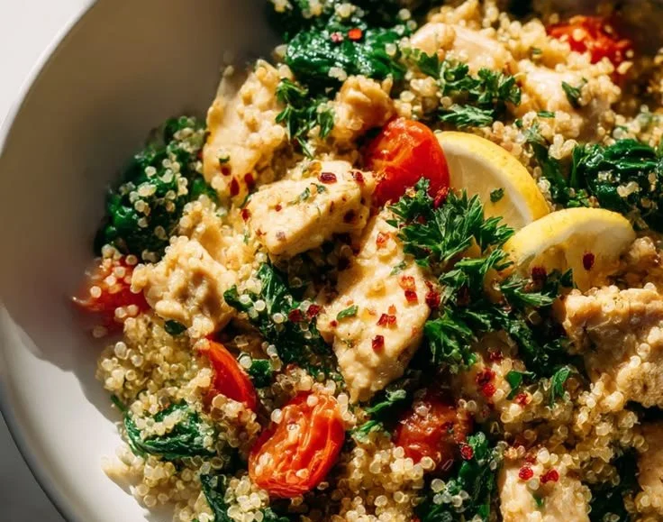 Delicious garlic lemon chicken served with quinoa and fresh vegetables