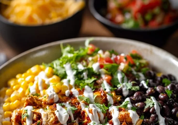 Easy homemade chicken burrito bowl recipe with fresh ingredients