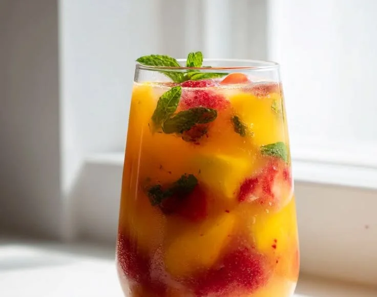 Glass of easy mango strawberry agua fresca with fresh fruits