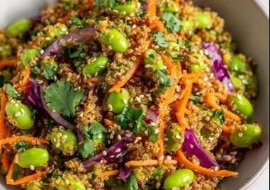 Edamame Quinoa Salad with fresh vegetables and dressing