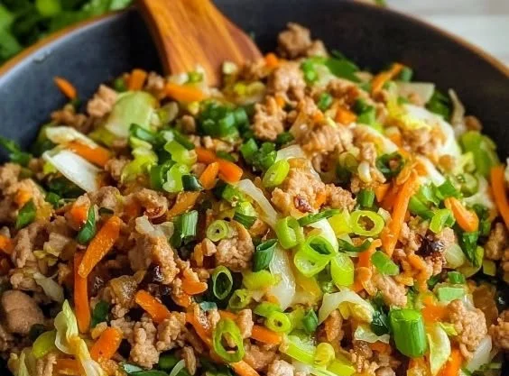 Egg Roll Bowl with Ground Turkey and colorful vegetables