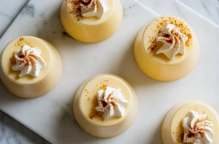 Delicious Eggnog Panna Cotta dessert garnished with nutmeg and holiday spices.