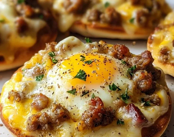 English muffin breakfast pizza topped with eggs and cheese