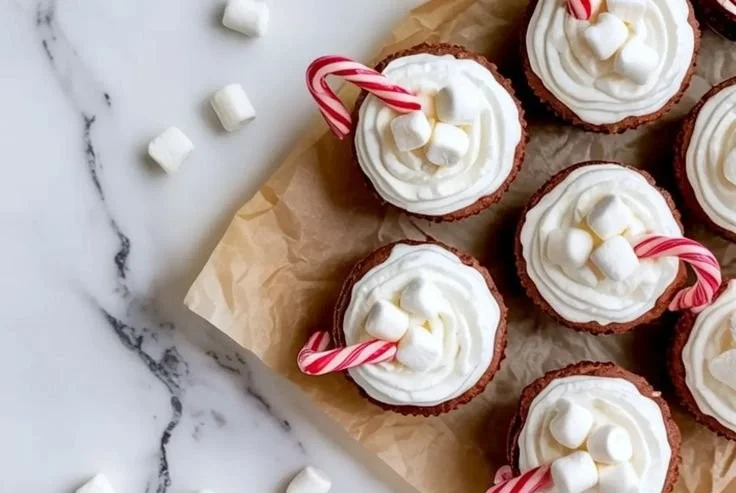 Festive hot cocoa brownie cups topped with marshmallows and chocolate drizzle