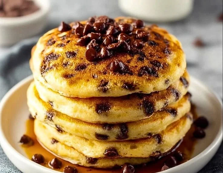 Fluffy chocolate chip pancakes stacked on a plate