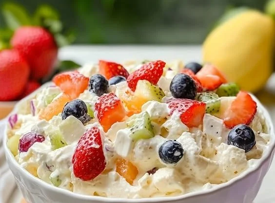 Fluffy Marshmallow Fruit Salad with colorful fruits and fluffy marshmallows