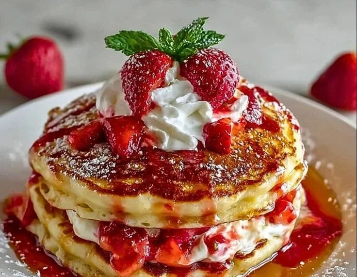 Fluffy Strawberry Cheesecake Pancakes topped with fresh strawberries and cream