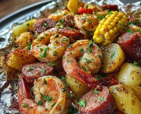 Delicious foil packs with shrimp and sausage ready for the grill.