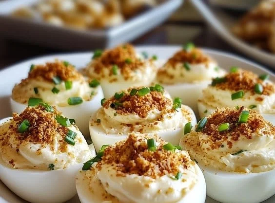 Delicious French Onion Deviled Eggs topped with crispy onions