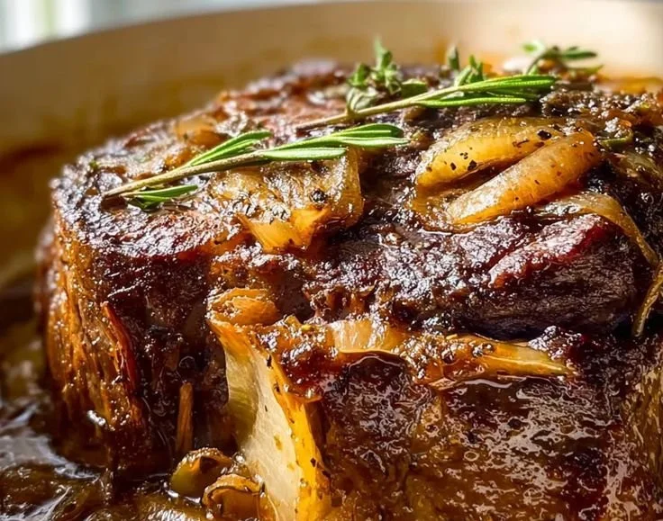 Delicious French onion pot roast served with caramelized onions and herbs.