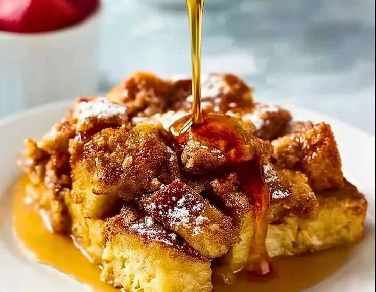Delicious French toast casserole served with syrup and fruit