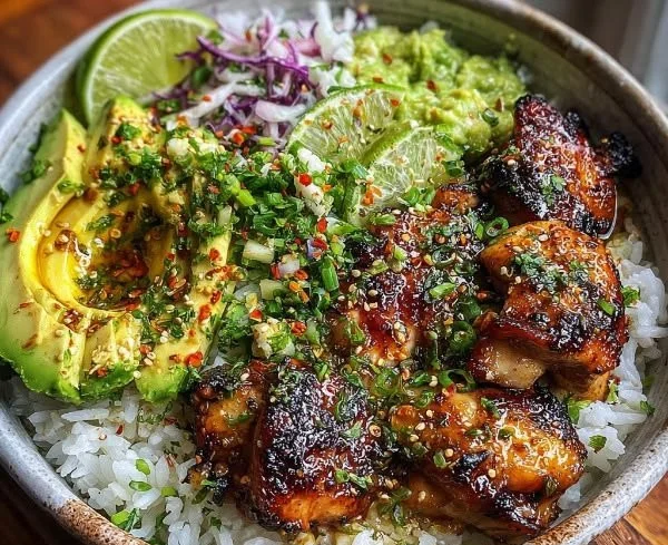 Fresh honey lime chicken served with avocado rice in a colorful bowl