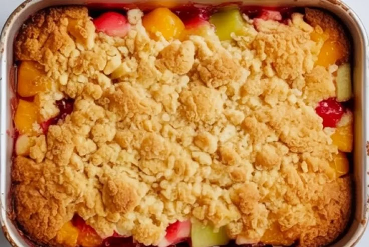 Delicious slice of fruit cocktail dump cake served on a plate