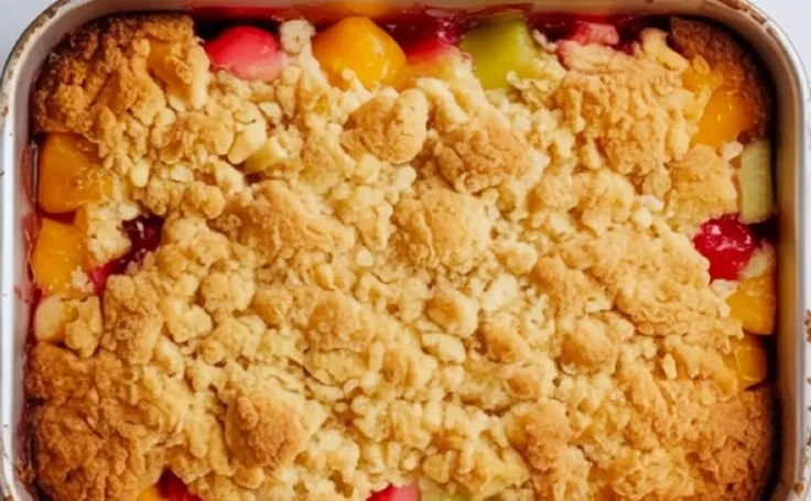 Delicious Fruit Cocktail Dump Cake served with a scoop of ice cream