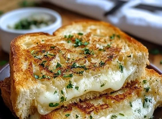 Garlic Bread Grilled Cheese Sandwich with melted cheese and crispy garlic bread