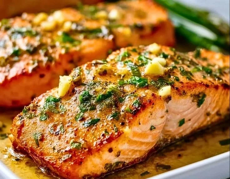 Oven-baked garlic butter salmon fillet served on a plate with herbs.