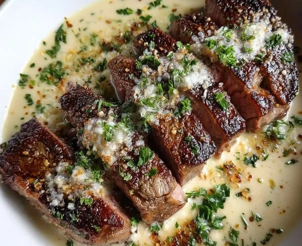 Garlic-Butter Steak with a rich creamy Parmesan sauce on a plate.