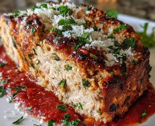 Delicious Garlic Parmesan Chicken Meatloaf served with fresh herbs.