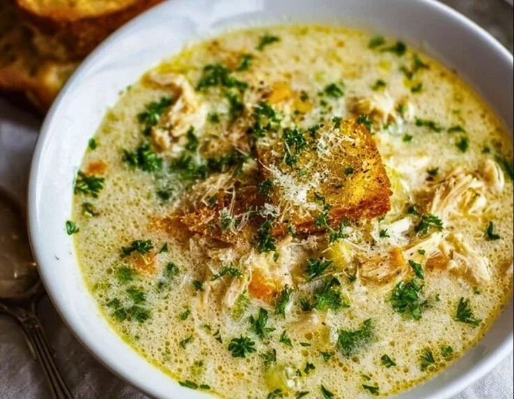 Bowl of Garlic Parmesan Chicken Soup garnished with parsley and parmesan cheese.