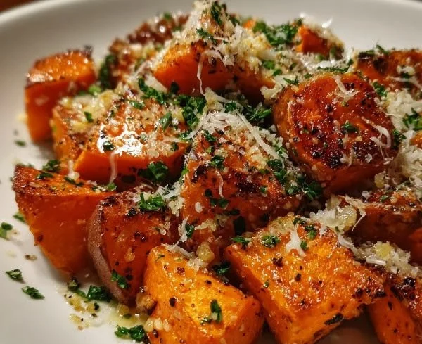 Bowl of Garlic Parmesan Roasted Sweet Potatoes topped with parsley.