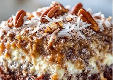 Delicious German Chocolate Poke Cake topped with coconut and pecan frosting