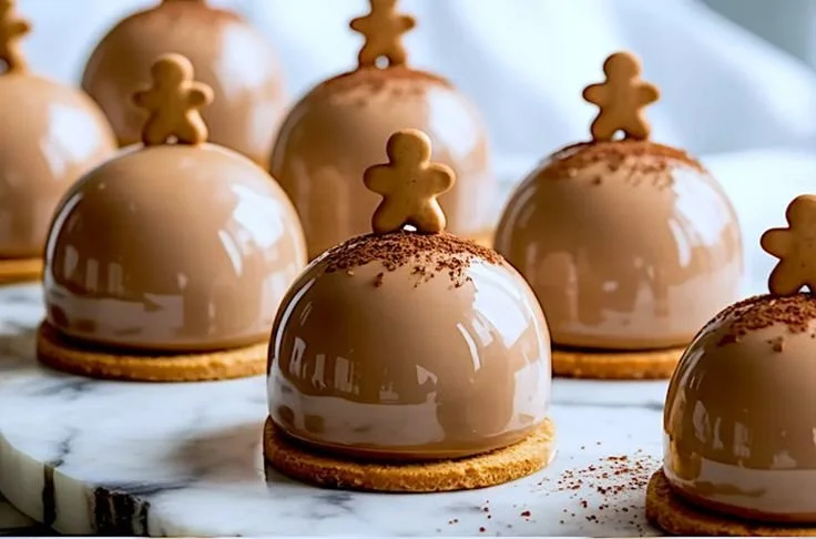 Gingerbread Latte Mousse Dome dessert topped with whipped cream and gingerbread cookies.
