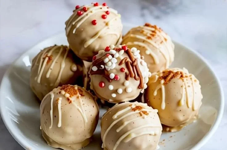 Homemade gingerbread truffles decorated on a festive plate.